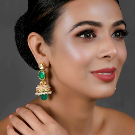 Mirror & Green Stone Jhumka Earrings with Pearl Dome Pair
